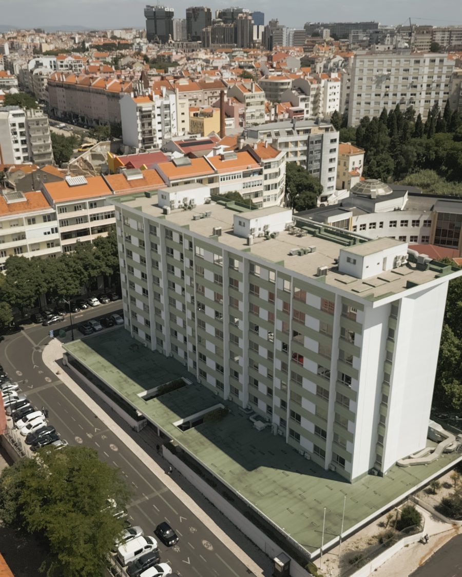 Vista aérea do antigo edifício da Presidência do Conselho de Ministros, em Campo de Ourique, Lisboa
